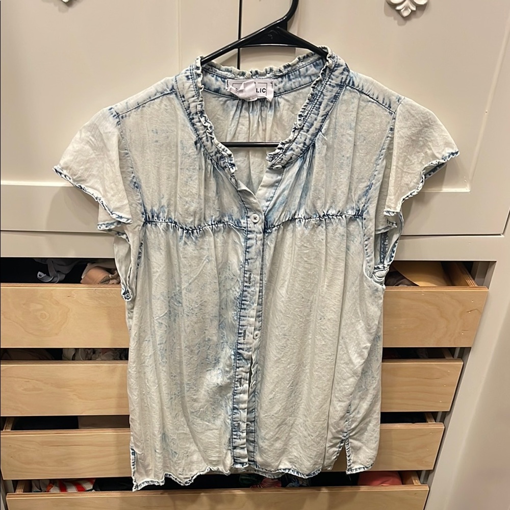 Women's Light Blue Denim Ruffled Top